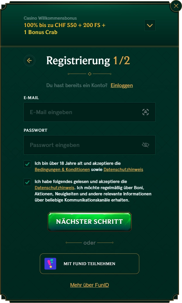 Casinia Casino Registrierung Schritt 2 Schweiz