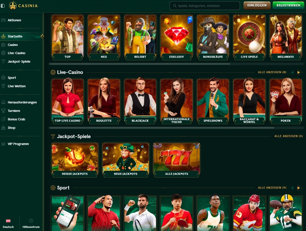 Casinia Startseite – Alles auf einen Blick